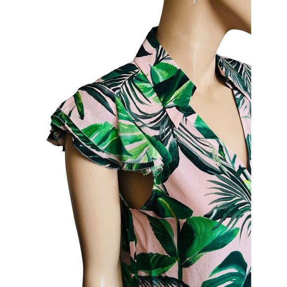 Alice + Olivia Randa Short Sleeve Ruffle Henley Top 100% Silk Size M Preowned - Picture 8 of 14